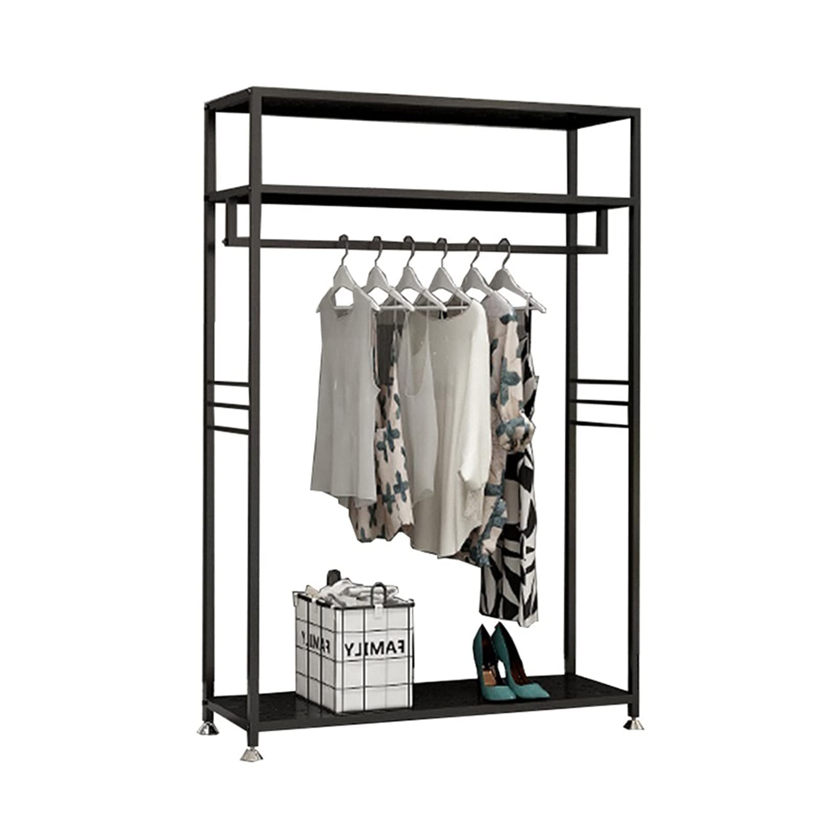 Kleiderständer Nordischer moderner Kleiderständer aus Metall, Schlafzimmer, freistehender Kleiderständer mit 1 Kleiderstange und 2 Etagenregalen, multifunktionaler einfacher Kleiderschrank und Aufbe