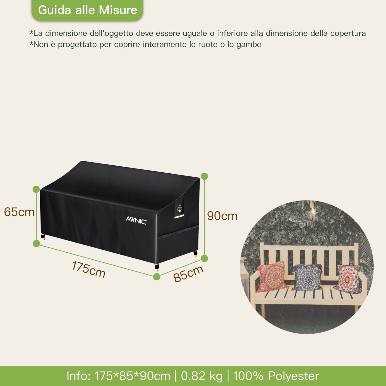 AWNIC Copertura per Panca da Giardino Impermeabile 3 Posti Resistente Agli Strappi e ai Raggi UV Copertura Divano Esterno 420D Poliestere175x85x65/90cm