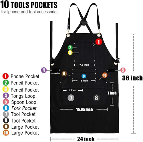 Miniatura 3 de QeeLink Delantal de chef de grado profesional para cocina, barbacoa y parrilla con 10 bolsillos para herramientas, delantal de lona resistente al