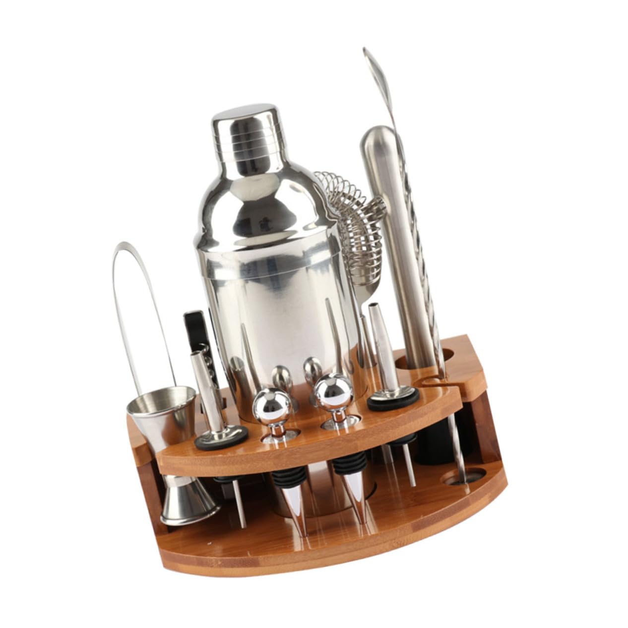 Set Shaker Cocktail 12 Pezzi in Acciaio Inox Base in Bambù | Attrezzatura Barman, Supporto Portaoggetti in Bambù, da 12 Pezzi per Bar e Riunioni in Famiglia