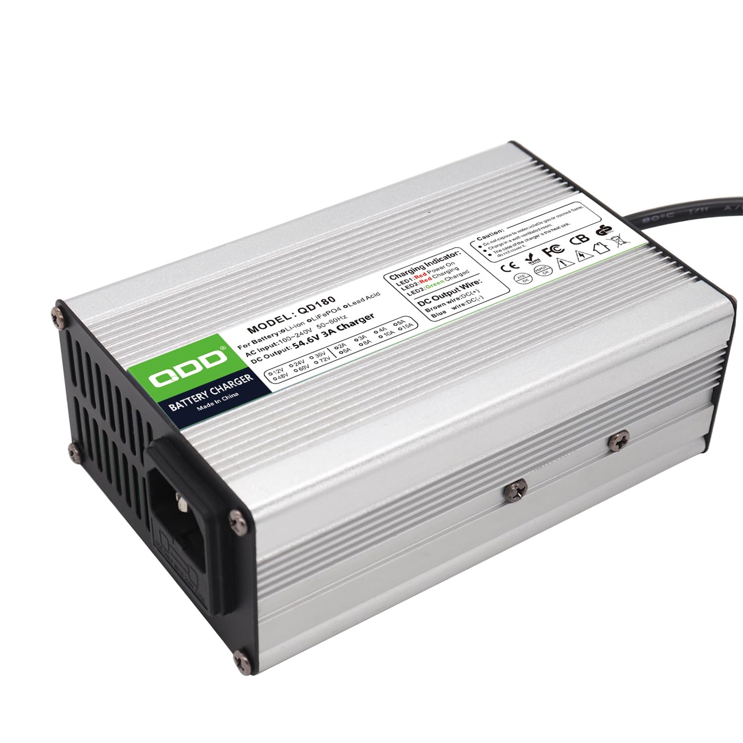QDD Caricabatterie da 54,6 V, 3 A, caricabatterie intelligente per batteria al litio 48 V, 3 A, custodia in alluminio argentata, con uscita ventola di raffreddamento, connettore XLR