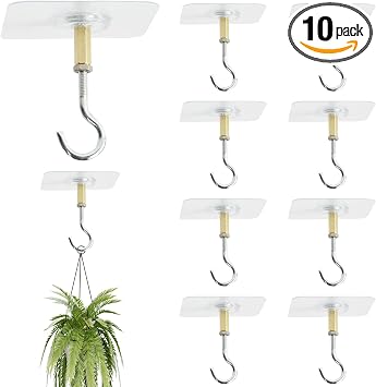 10 Pack Adhesive Ceiling Hooks, Heavy Duty No Drill Outdoor Sticky Ceiling Hanger, Stick On Hooks for Hanging Plants Lights Wind Chimes Lantern