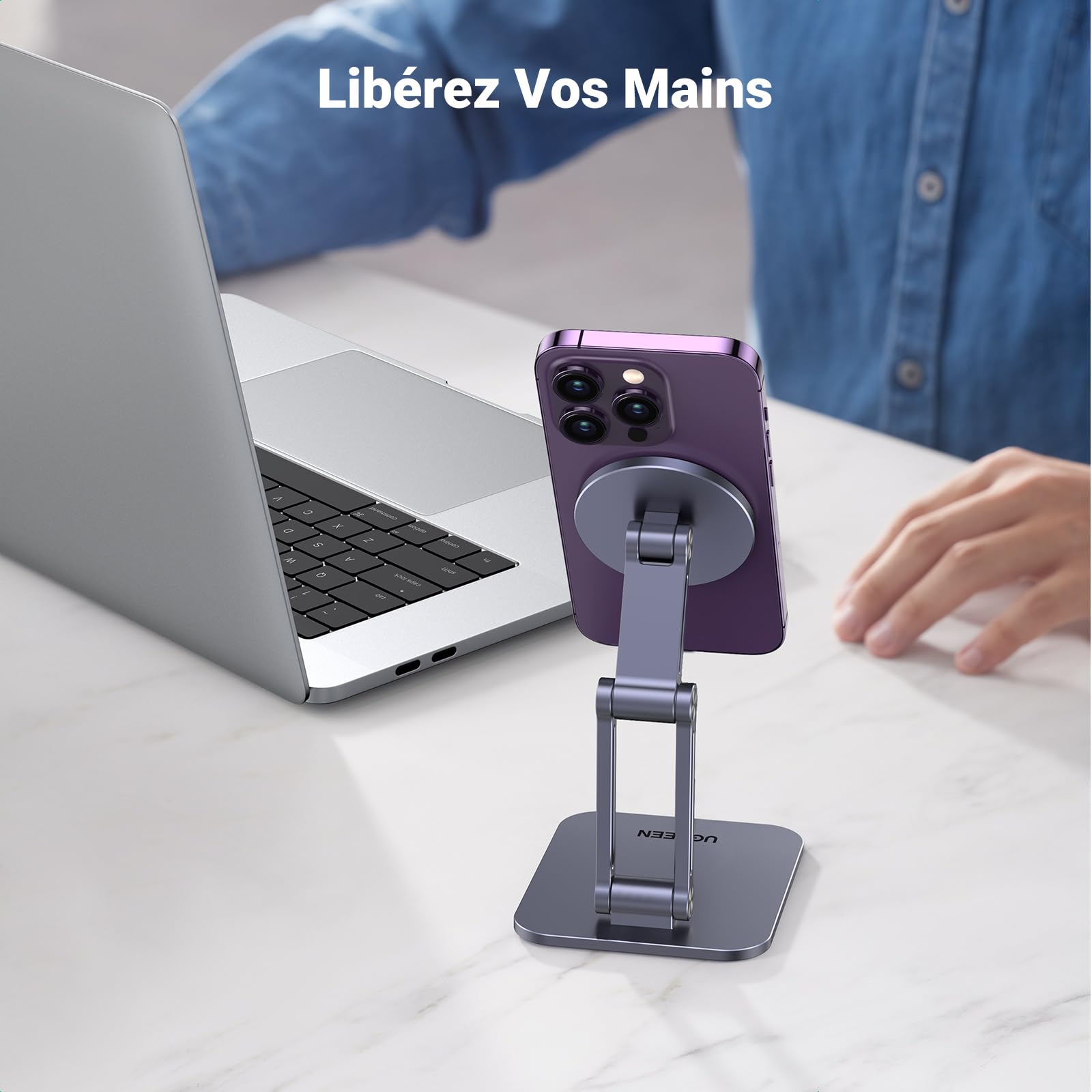 UGREEN Support Téléphone Magnétique Bureau Réglable Porte Smartphone Aimanté Pliable avec Anneaux Métallique Compatible avec MagSafe iPhone 16 Plus Pro Max 15 14 13 Galaxy S24 Ultra S23 (Gris)