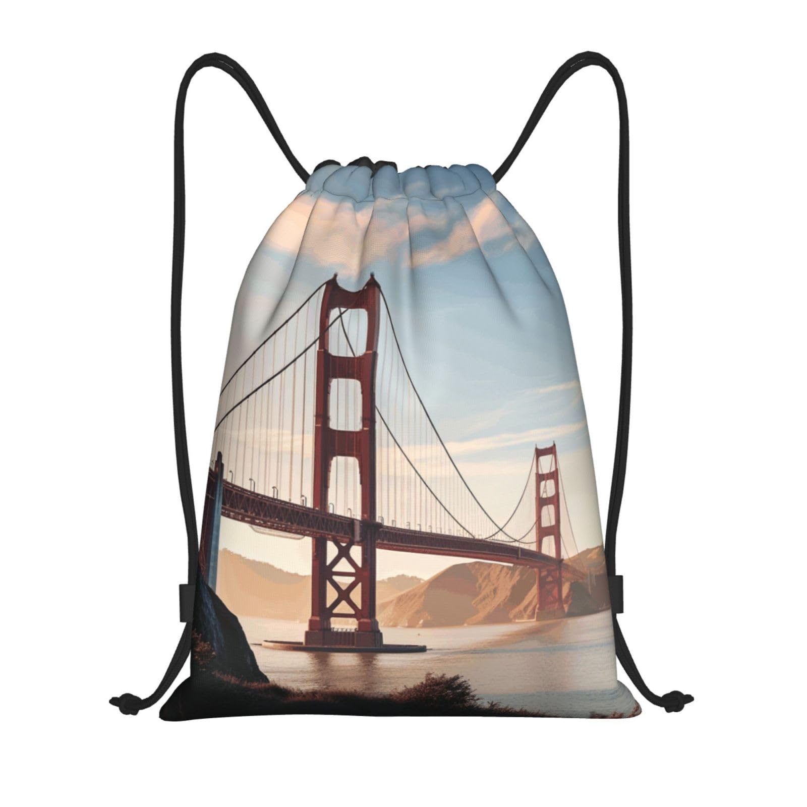 Smazdfxx Unisex Black Drawstring Backpack Golden Gate Bridge String Bag Sackpack Foldable Backpack Sports Gym Bag For Shopping Yoga