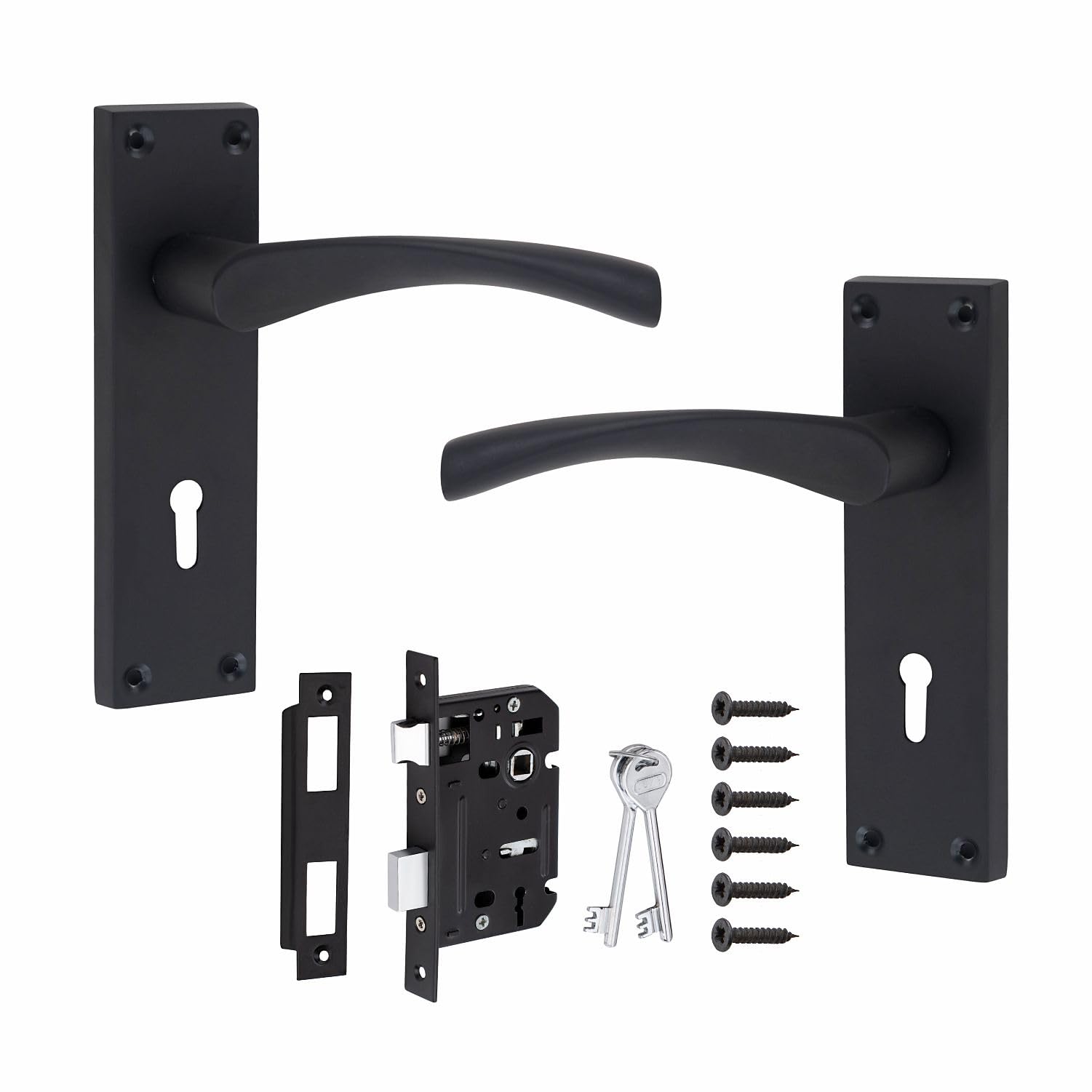 Golden Grace Victorian Scroll Astrid Door Handles Lever Lock in Matt Black with 64mm 3 Lever Lock, 1 Set - 150mm x 40mm Backplate