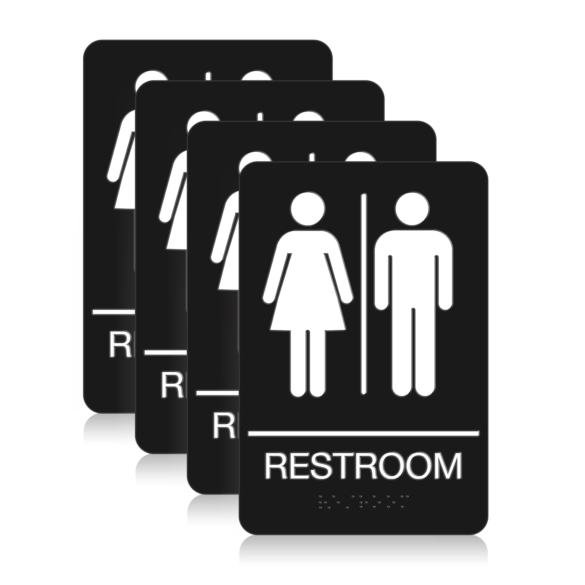 ADA Braille Unisex Restroom Signs for Business with Double Sided 3M Tape - ABS Plastic Gender Neutral Bathroom Sign 9” x 6”- Pack of 4 for Offices and