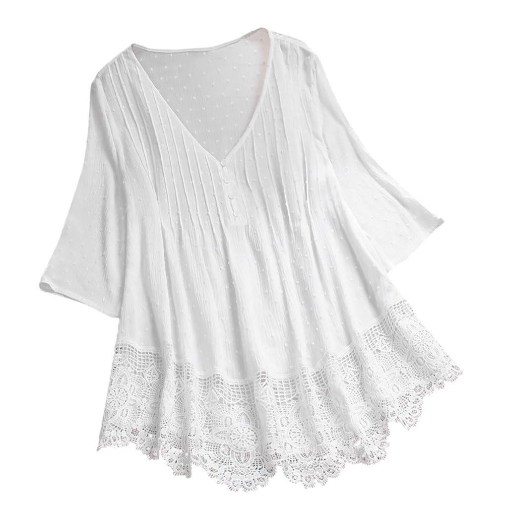 VEMOW Camisola Tops Mujer Vintage Jacquard Tres Cuartos de Encaje con Cuello en V Talla Grande Blusas Superior