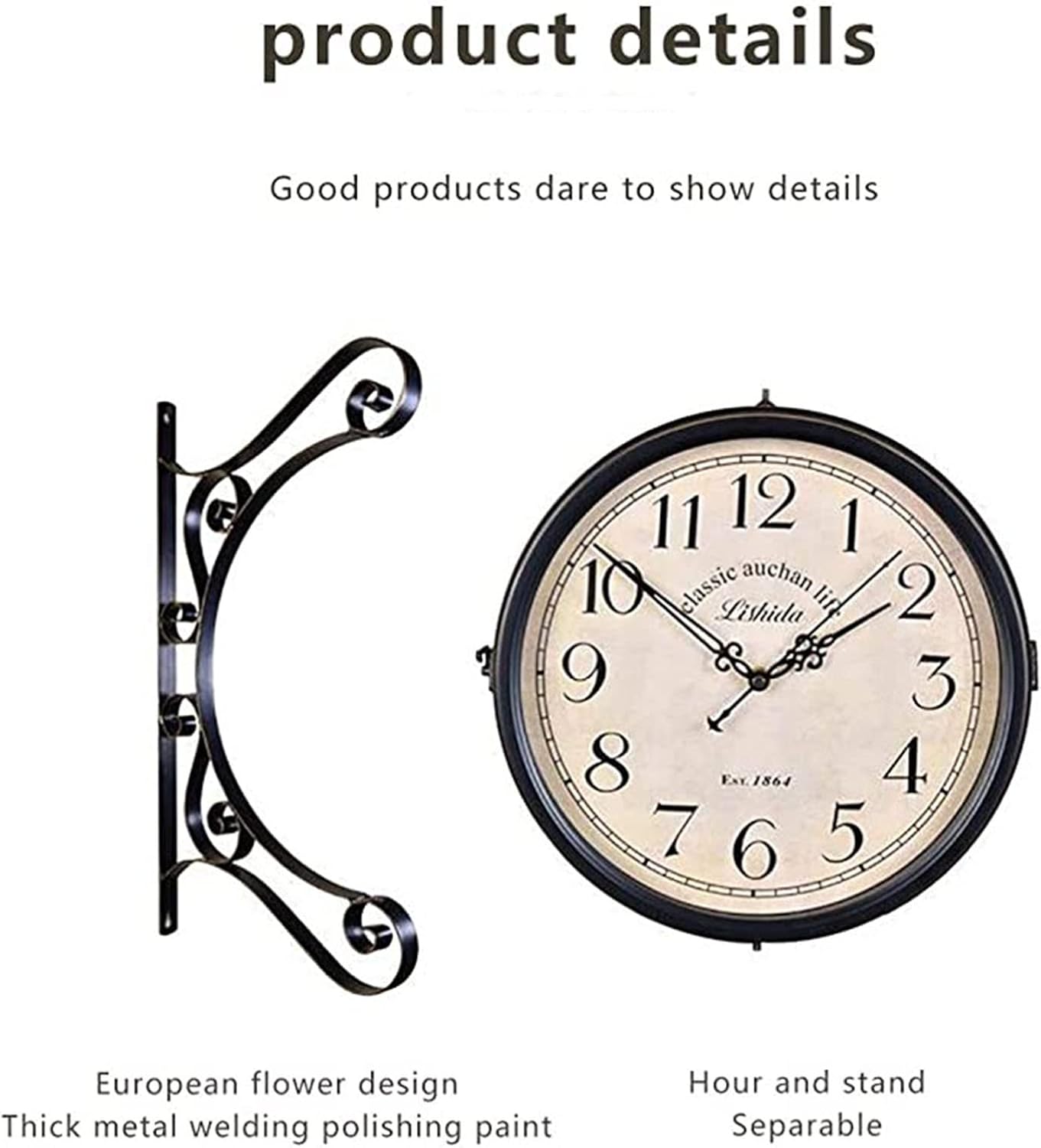 Vintage Outdoor Double Sided Wall Clock Classic Paddington Station Clock Weatherproof Casing Metal Bracket for Outdoor Garden Home (A)