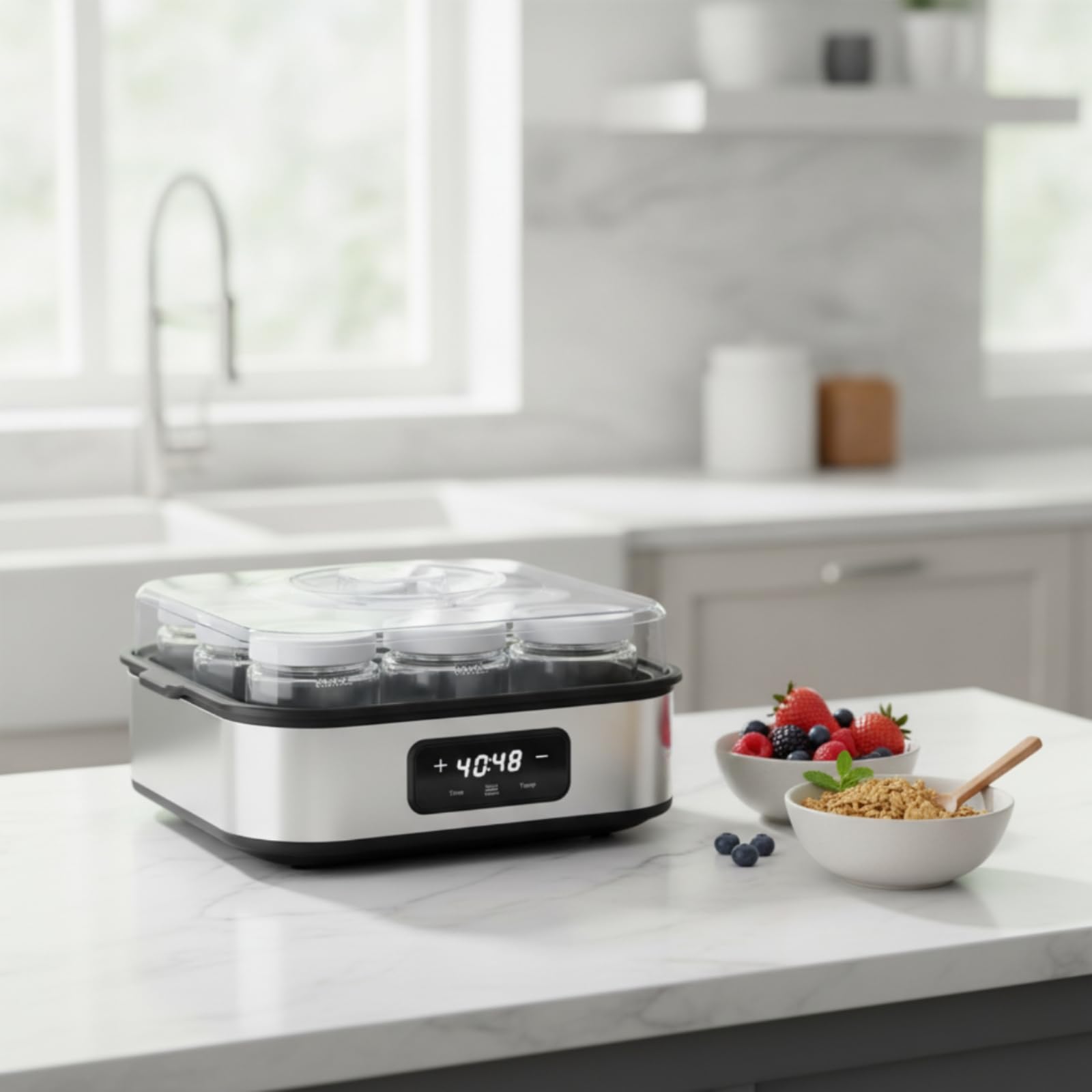 Amagogo Yogurtera Máquina de Yogur Fermentador Digital con Tarros de Cristal y Tapa Transparente Control de Temperatura y Panel Táctil Adecuada para Cocina