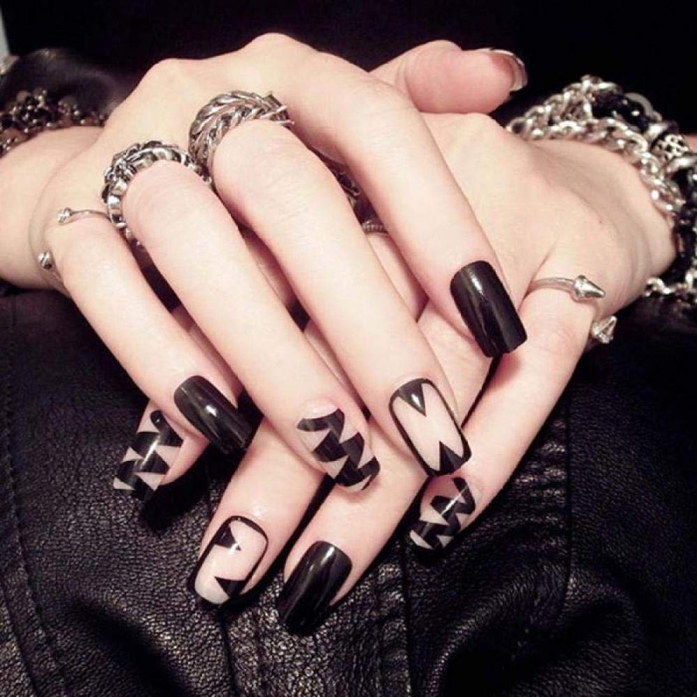 GeRRiT False Nails Full Cover Square Head Nail Art Tips Geometric Printing Fake Nails Girls Fashion Transparent Black Acrylic False Nail