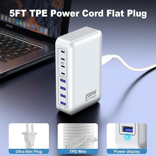Miniatura 3 de Cargador USB C de 200 W, estación de carga rápida Gan de 8 puertos, adaptador de carga para laptop PD de 65 W, compatible con MacBook ProAir, DELL,