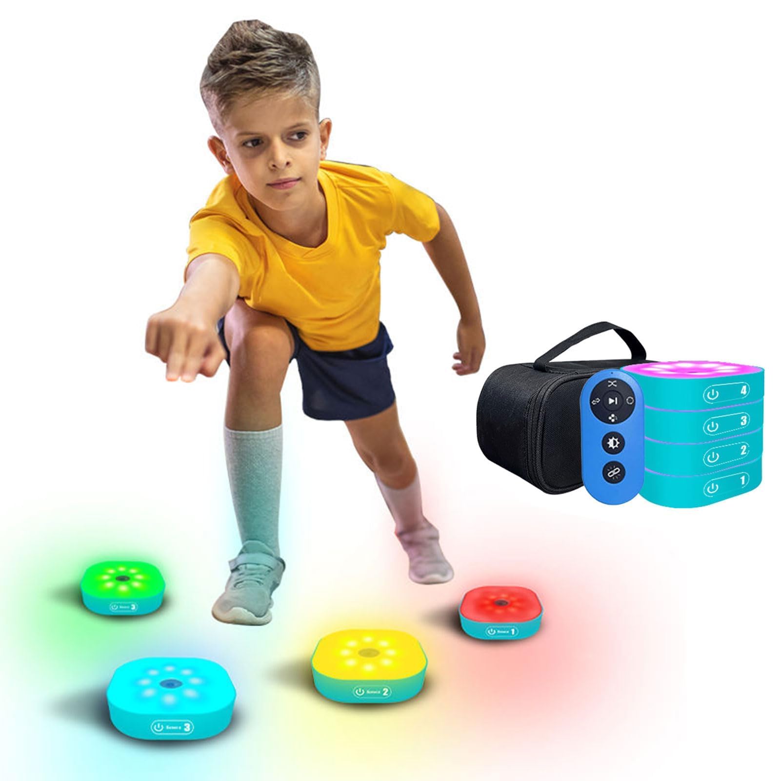 Luces de entrenamiento de reacción con control remoto, 4 modos y 4 colores | Luces recargables por USB con conexión Bluetooth, alcance inalámbrico de 10 m, sensores e indicaciones de voz