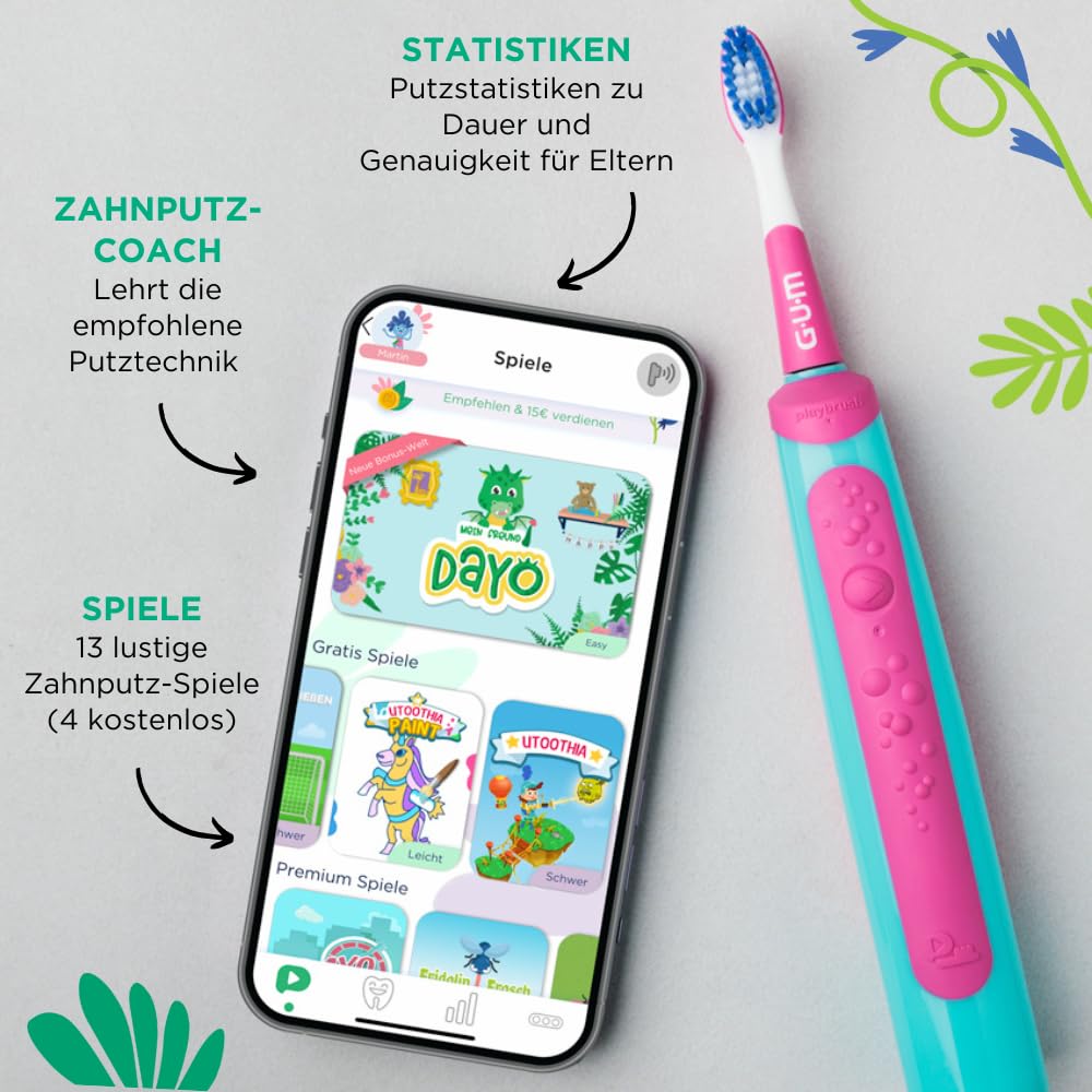 GUM Playbrush JUNIOR 6+ elektrische Zahnbürste | Interaktive Spiel-App | Extra weiche Borsten | 8 Wochen Akku | Stiftung Warentest | 1x Schallzahnbürste, wiederaufladbar | 2 extra Bürstenköpfe | Pink