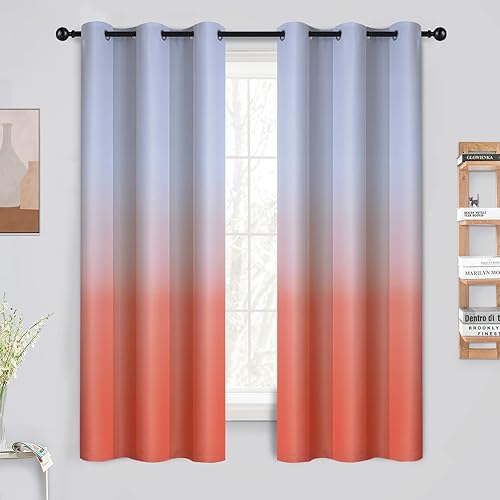 Yakamok Ombre Curtains Light Blocking Gradient Color Curtains,Coral and Greyish White Room Darkening Thermal Insulated Grommet Window Drapes for Living Room/Bedroom, 2 Panels, 42x63 Inch