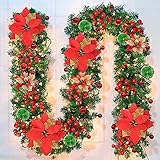 Weihnachtsgirlande Dekoration, Weihnachtsdeko 30 LEDs Girlande Weihnachten IP44 Künstlich Tannengirlande mit Red Blumen, 30 Glänzend Kugeln - für Haus Treppen Kamin Haustür Weihnachtsdeko-2.7M