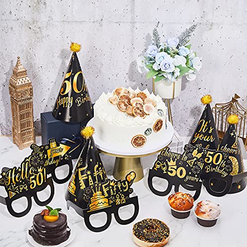 26 Pieces 50th Birthday Party Decoration Glasses and Hats Kits Black Gold Theme Paper Eyeglasses and Hats Funny Glasses and Hats Costume Accessories 50th Birthday Party Supplies for Men and Women by Zonon - Used condition - Image 5