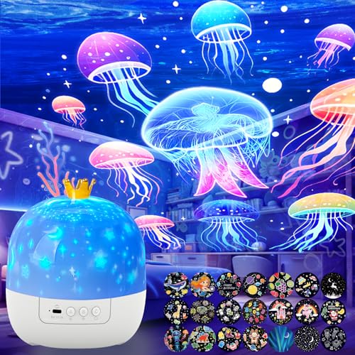 STARS LAMP 21 Sets of Films Ocean Night Light Projector, Kids Projector for Bedroom，Stars Projector for Ceiling, 360 Degree Rotation Jellyfish Kids Night Light for Decorating Birthdays,Christmas Gifts