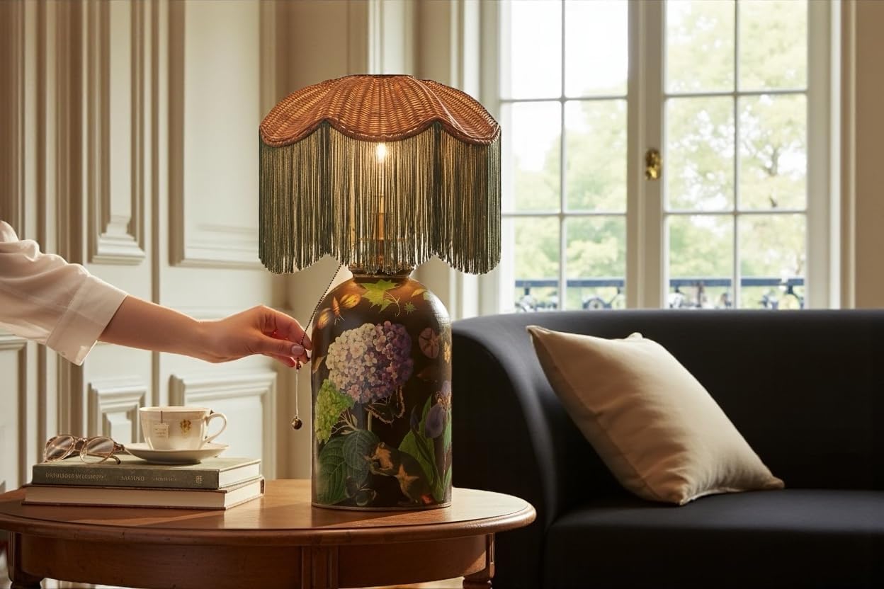 Tristan Home Rattan Lamp Shade with Fringe Trim – Boho Lamp Shade, Handmade Woven Top, Large Spider Fitting Replacement for Table or Floor Lamps (Olive Green)