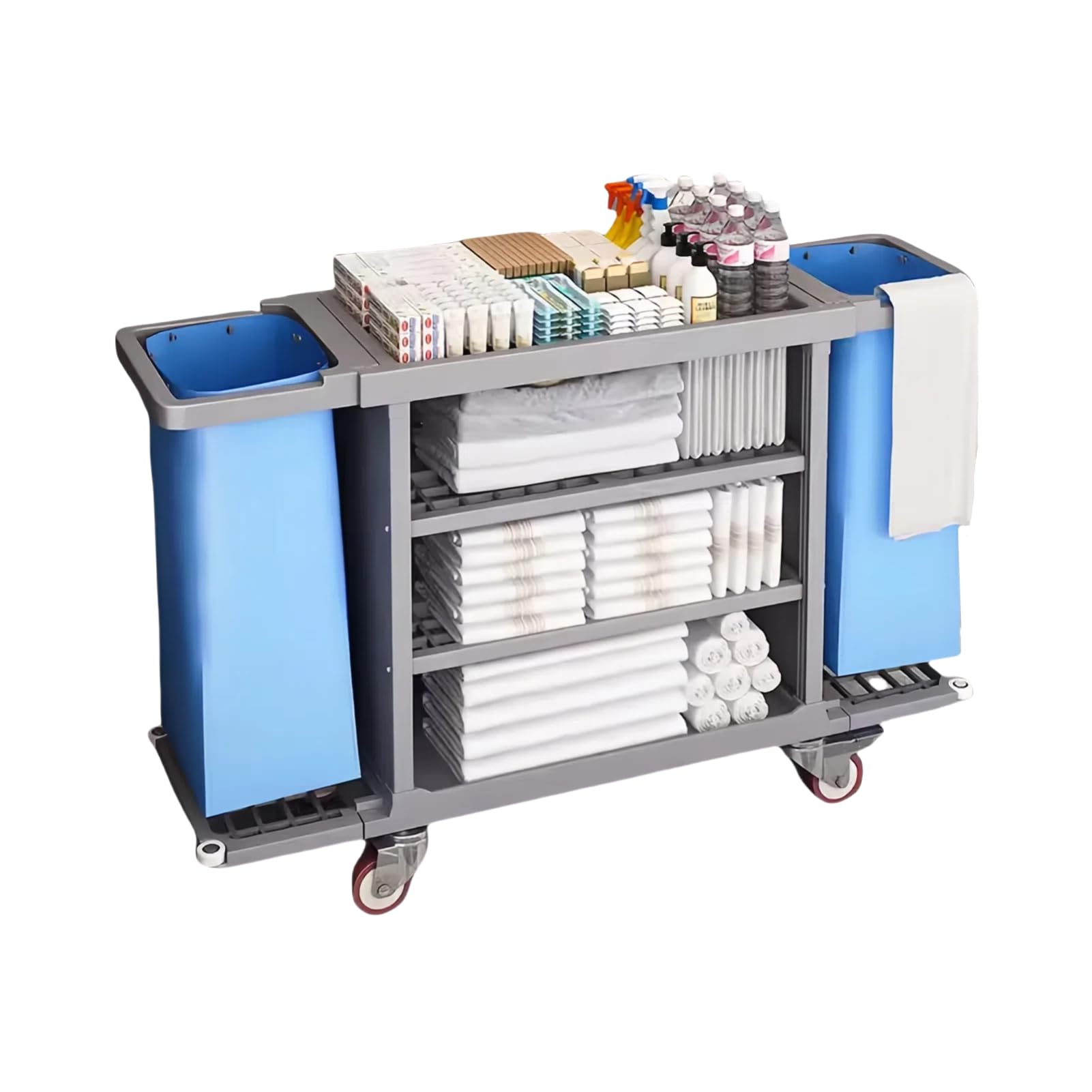 Hotelreinigung Handwagen,Gewerblicher Reinigungswagen, Hotel-Reinigungswagen Mit Klappbaren SeitenwäNden,FüR Hotels Und BüRos Hotelwagen WäSchewagen,Grau,53.3×18.2×39in(Lg)