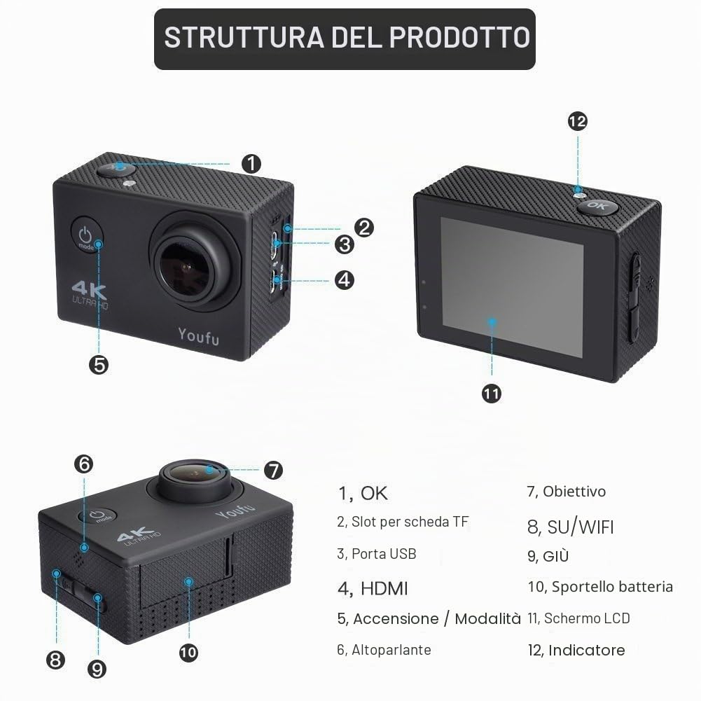 Action Cam 4K, WIFI Sport Action Camera Full HD 16MP/12MP, Fotocamera Subacquea 4k Impermeabile WebCamera 170°Grandangolare 2.0" Schermo LCD con Vari Accessori Kit, Nero