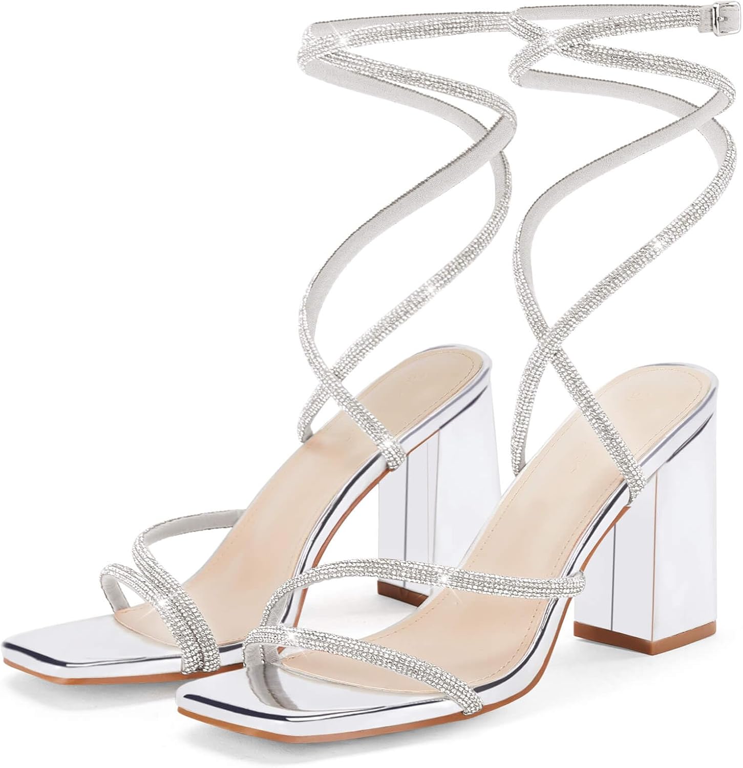 Coutgo Womens Lace Up Chunky Heels Rhinestone Sandals Square Open Toe High Block Heeled Wedding Dress Shoes - Image 3