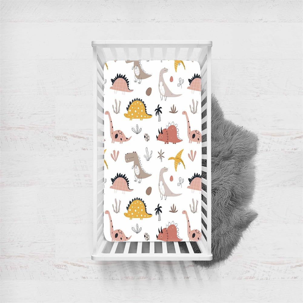 Odot Dinosaur Pattern Cot Bed Fitted Sheets, Toddler & Baby Bed Sheets, Microfiber Mattress Protector, Cozy Lightweight Bedside Cribs Bassinet Sheets for Boy and Girl (Dinosaur D,60x120cm)