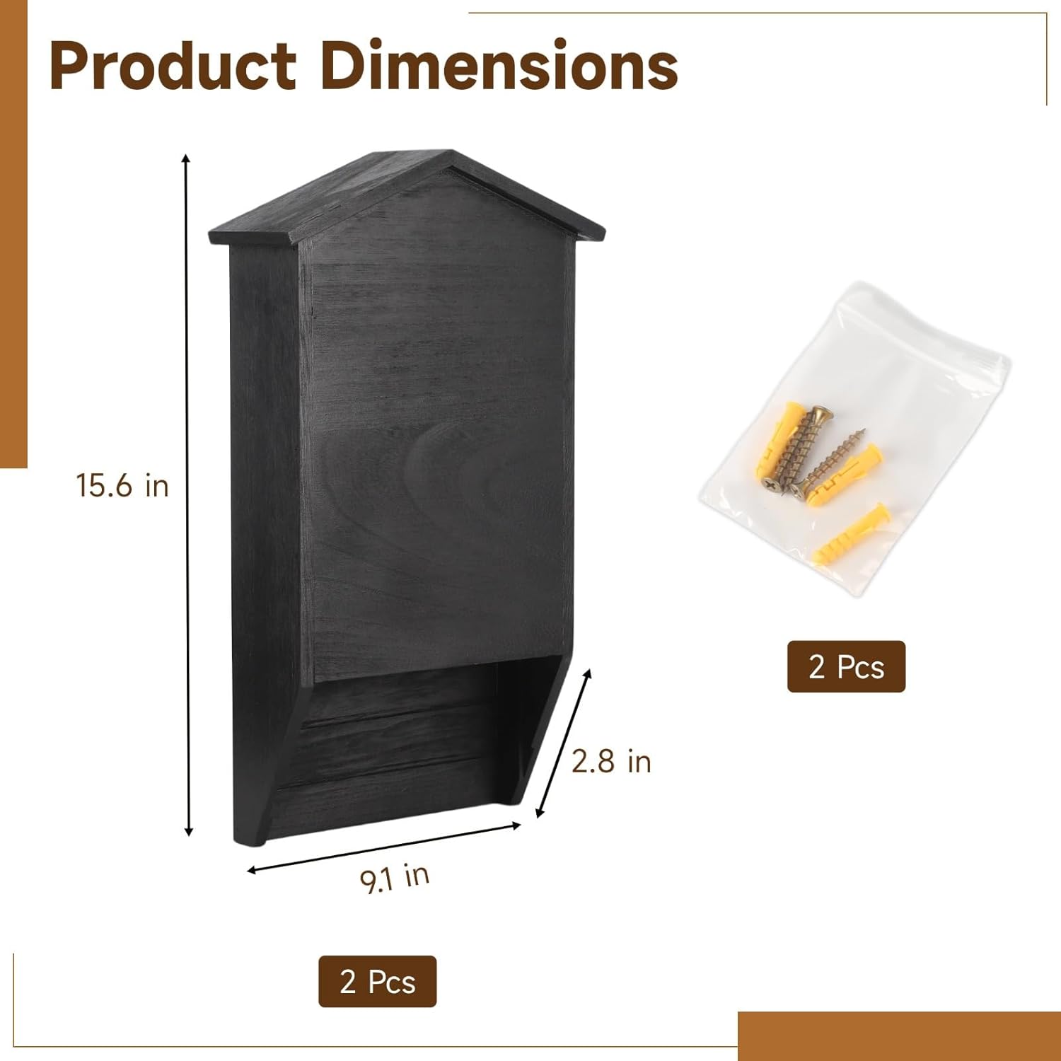 Wooden Bat Box 2 Pcs, Dual Chamber Bat House for Outdoors, Easy Installation, Outdoor Garden Decor, 15.6 X 9.1 X 2.8 in