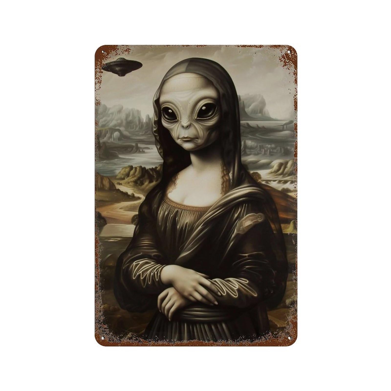 YHGERTKU Alien Mona Lisa 03 Wall Art Retro Iron Vintage Metal Tin Sign Poster Modern Decor for Living Rooms Gift 30x20cm