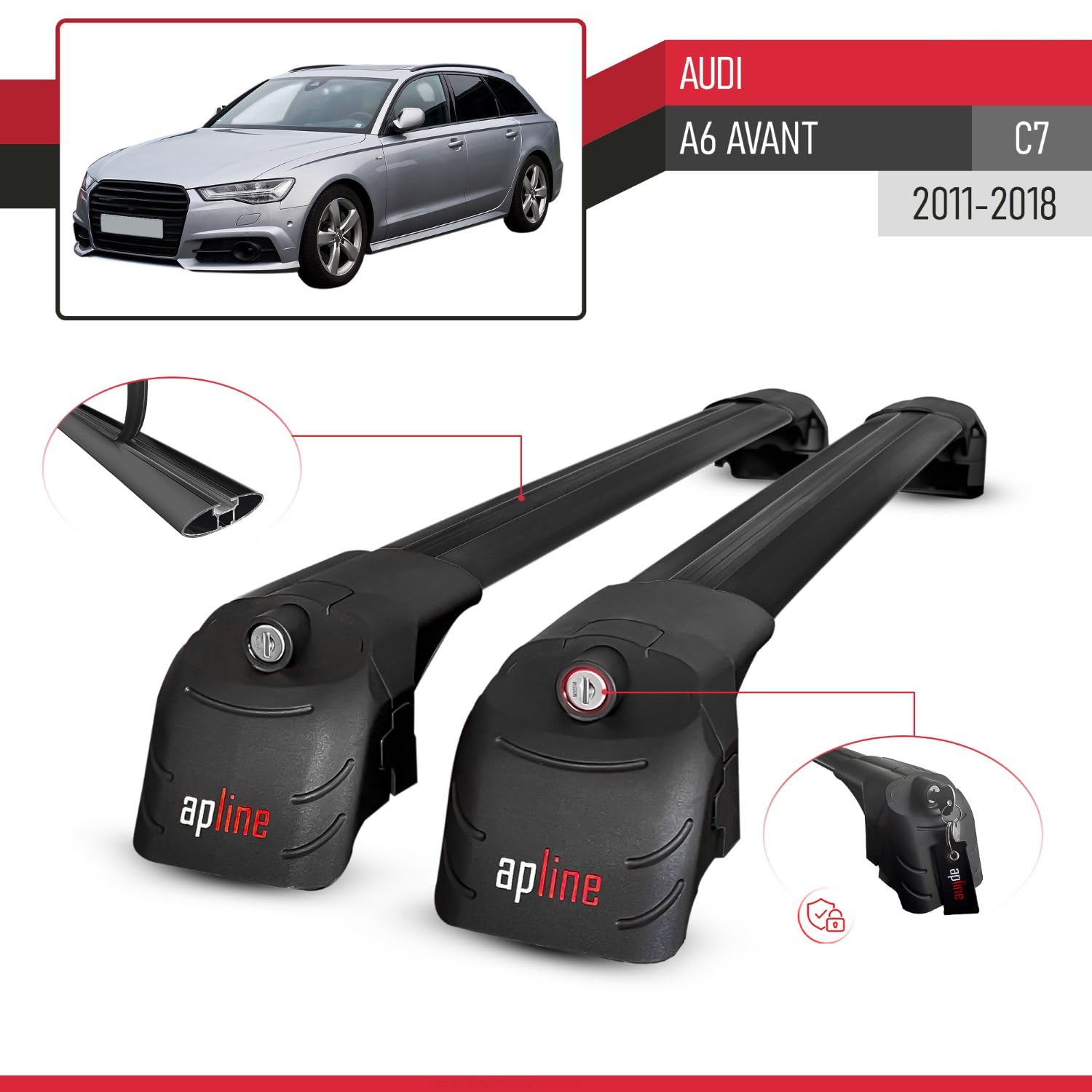 Compatibile con Audi A6 (C7) Avant 2011-2018 Modello ACE-2 Barre Tetto Portapacchi Auto Barre Portatutto Nero Alluminio 2 Barre