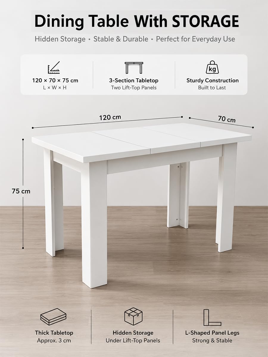 Tavolo da Pranzo Bianco Rettangolare Cucina Sala 120×70×75cm | Due piani laterali sollevabili nascondono vani per stoviglie e accessori, mentre la parte centrale fissa resta disponibile