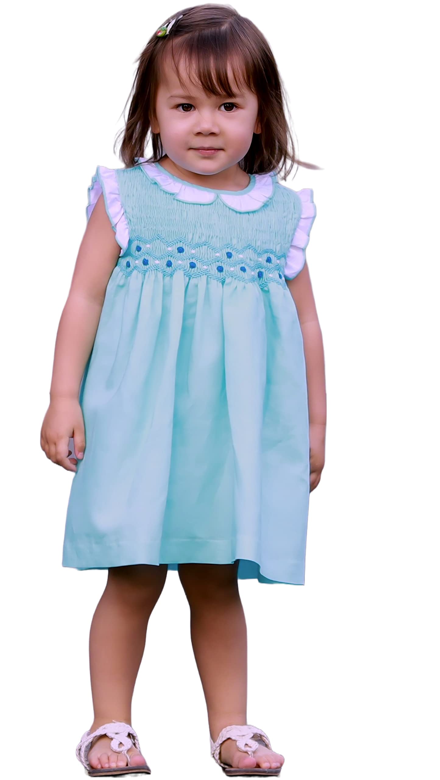 Toddler Blue Linen Hand Smocked Dress Babydoll Dress - Infant