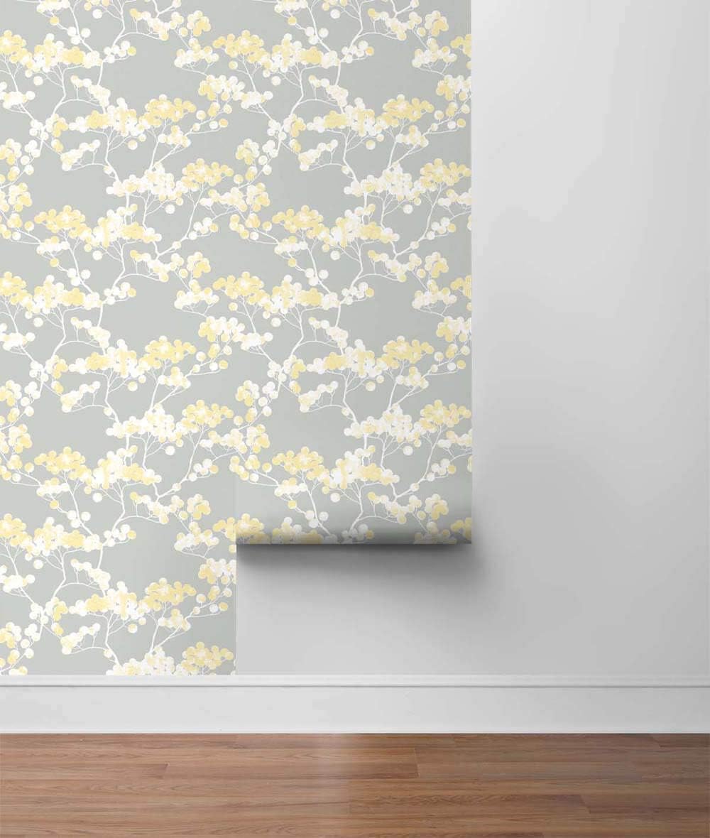 NextWall Cyprus Blossom Peel and Stick Wallpaper (Buttercup & Gray)