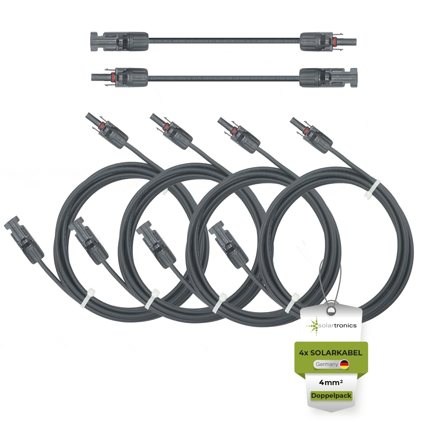 Solartronics - Cable solar H1Z2Z2-K (4 x 6 m, 4 mm²), color negro y negro, conectores solares en ambos lados, cable de extensión fotovoltaico de 4 mm², resistente a los rayos UV, fabricado en