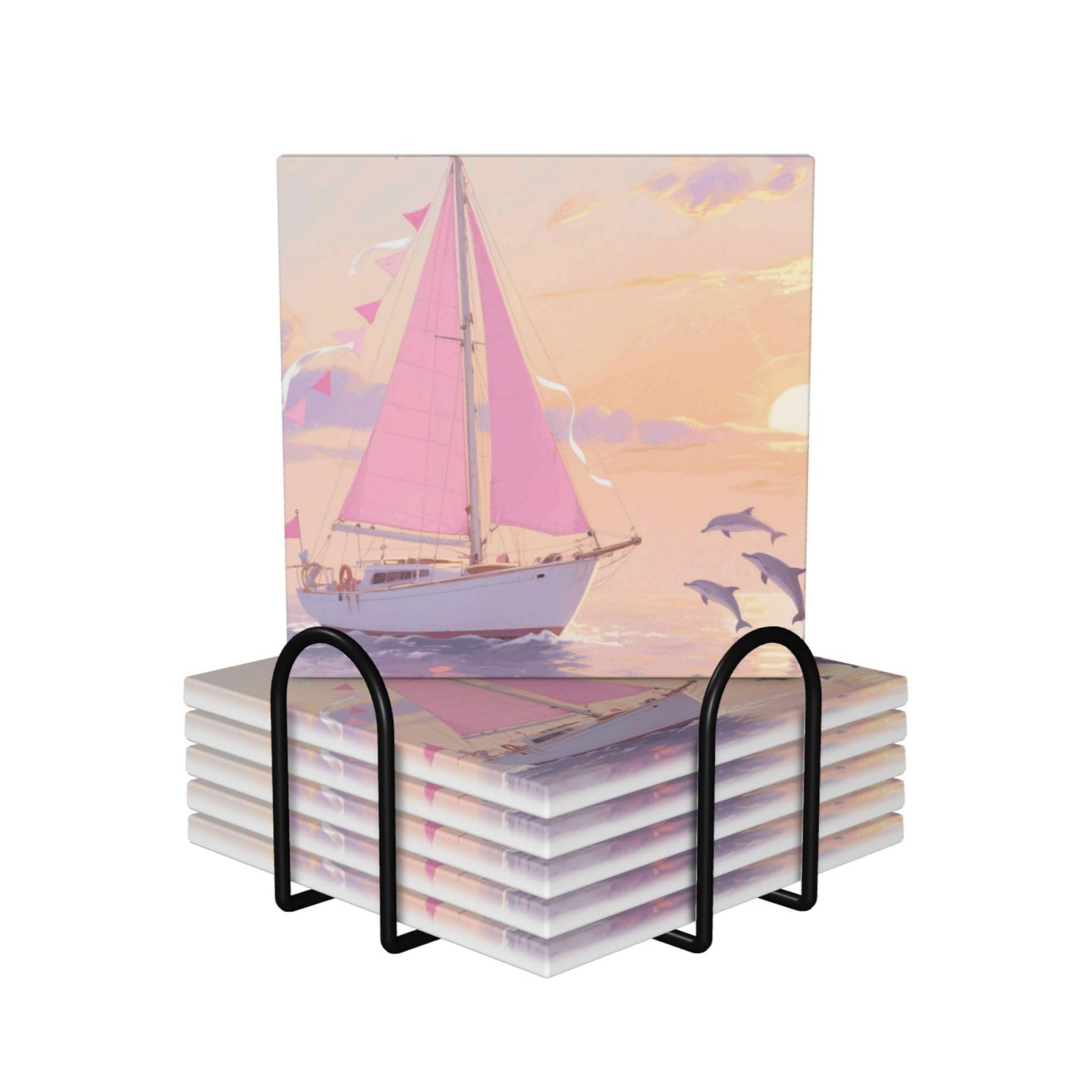 Sous-verres roses en céramique lot de 6 avec support idée cadeau crémaillère