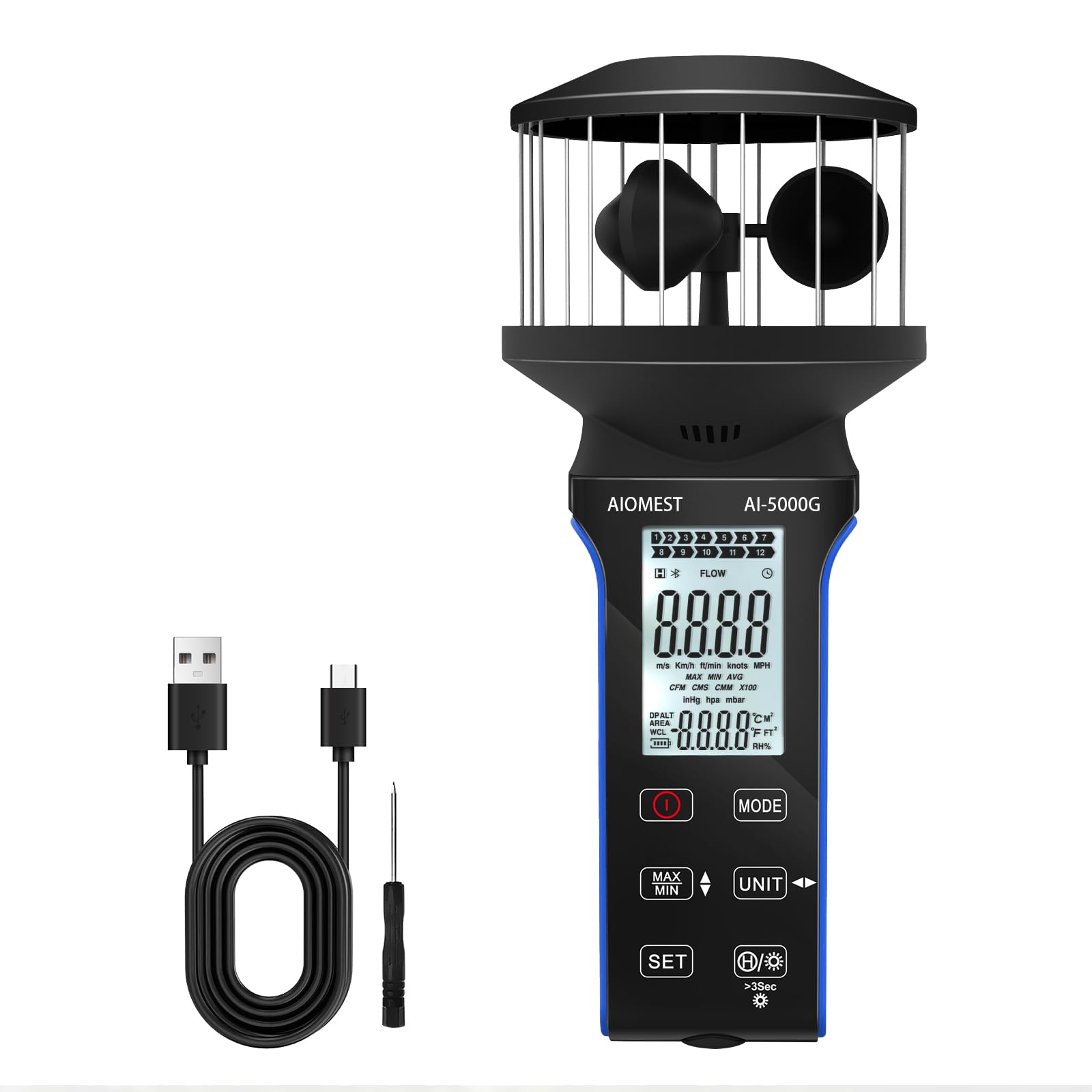 Anemómetro Digital Medidor de Caudal de Aire, AIOMEST Mano Sensor Viento 360°, m³/min