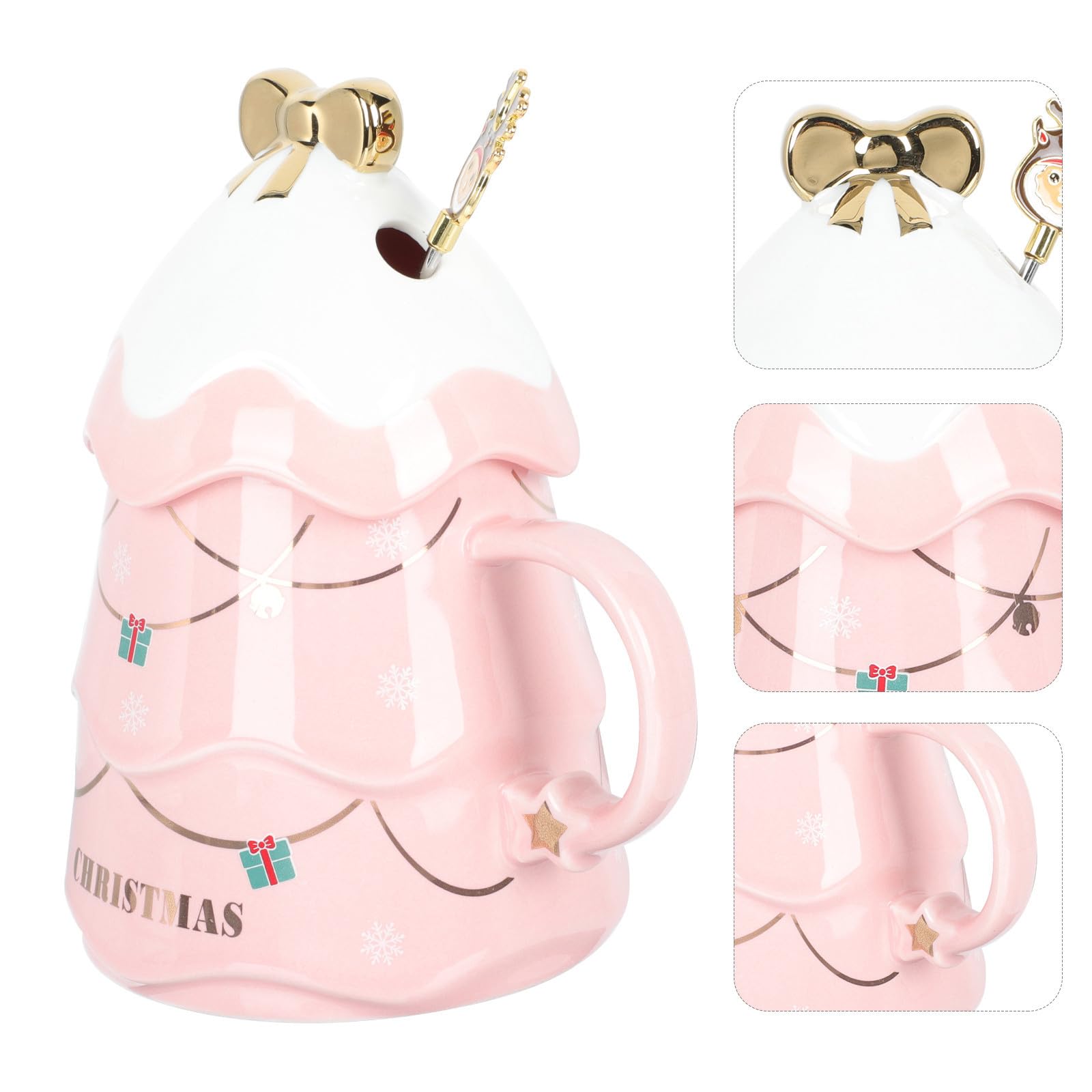 HEALLILY Taza de Cerámica Navideña con Tapa y Cuchara de 500ml, Diseño Creativo de Árbol de Navidad, Resistente al Calor y Práctica para Café en Casa