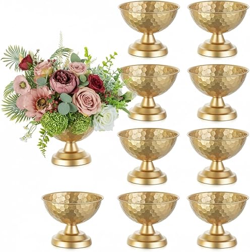 Sziqiqi Gold Urn Vase Wedding Centrepiece, Honeycomb Compote Vases, 10Pcs | 5.5in Tall Golden Metal Flower Arrangements, Pedestal Footed Bowl Planter, For Wedding Party, Event, Birthday, Home Decor
