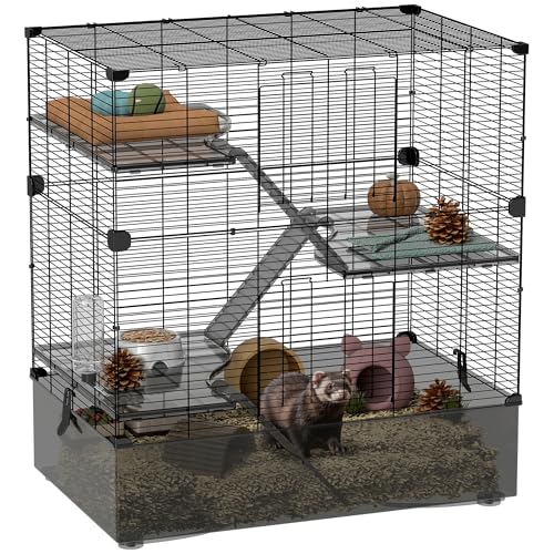 PawHut Jaula para Animales Pequeños de 4 Niveles Jaula para Roedores con Bandeja Profunda Rampas Plataformas Comedero y Bebedero Recinto para Chinchillas Hurones Hámster 73x47x80 cm Negro