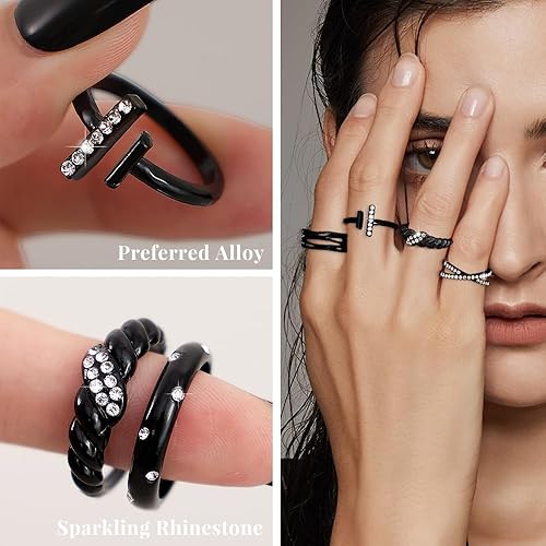 Vista 3 de KISS WIFE Juego de anillos dorados, plateados y negros para nudillos, para mujeres, delicados, simples, modernos, apilables, perfectos para apilar