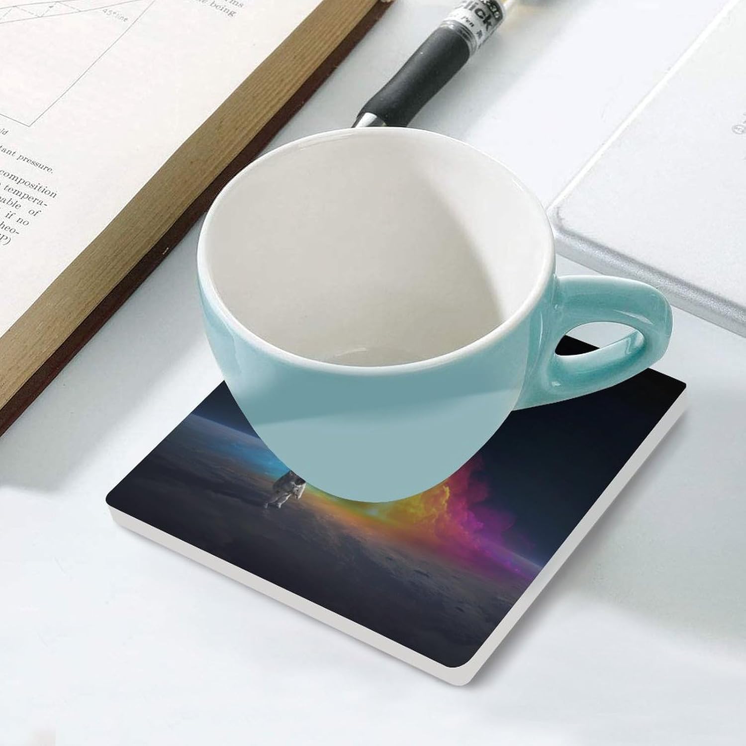 Astronaut Rocketship Coaster for Drinks Square Ceramic Table Coasters Stone Mat Crafts 6PCS Home Kitchen Decor