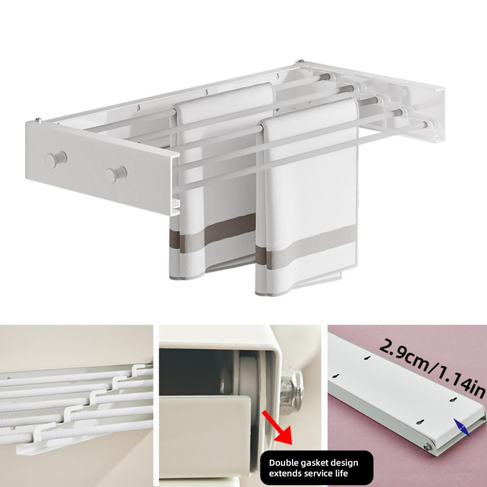 Stendibiancheria a parete in acciaio al carbonio e alluminio, semplice stendibiancheria da parete, pieghevole, per interni ed esterni, per balcone (bianco con 4 ganci)