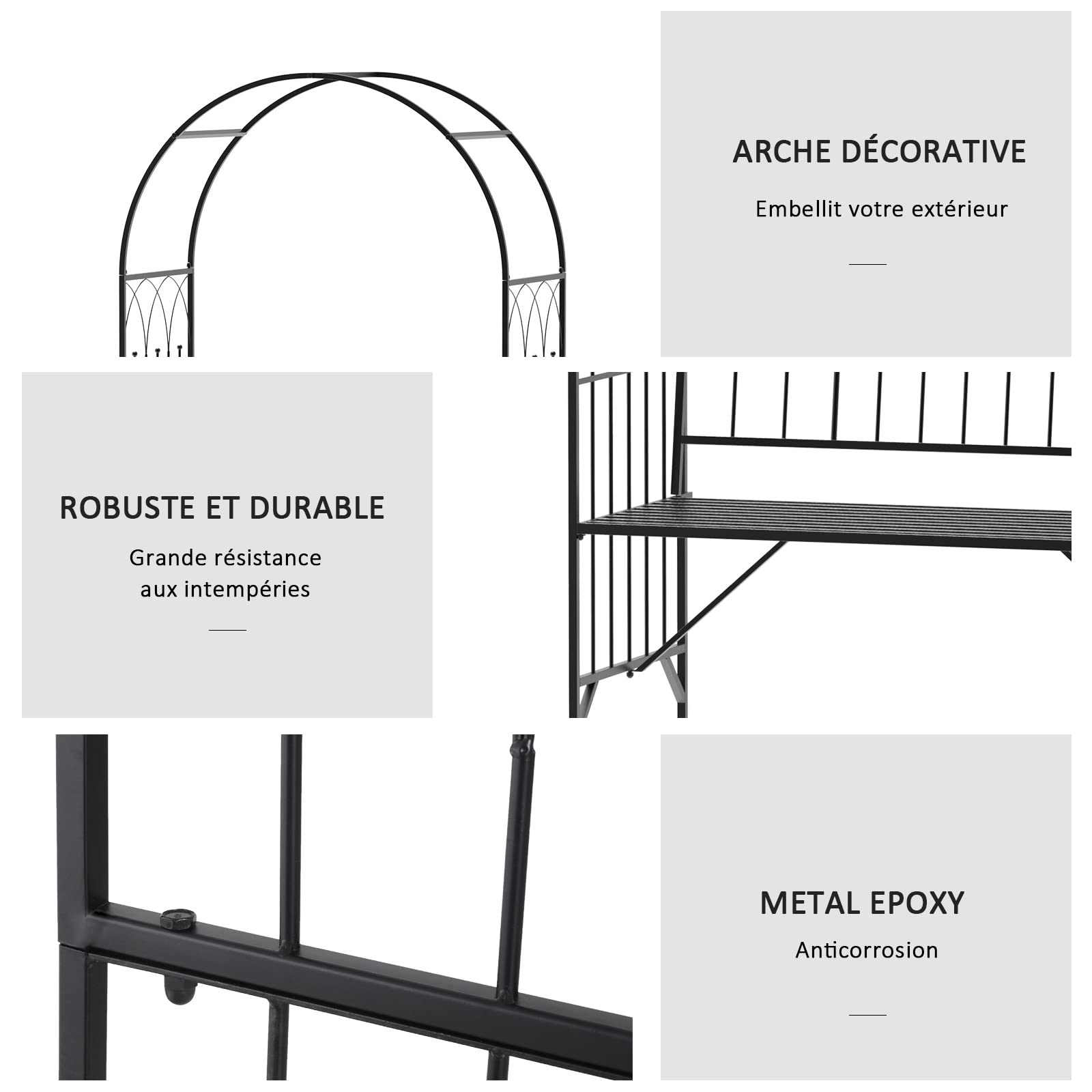 Outsunny Arche à rosiers Banc de Jardin 2 Places 2 en 1 dim. 115L x 59l x 203H cm métal époxy Noir