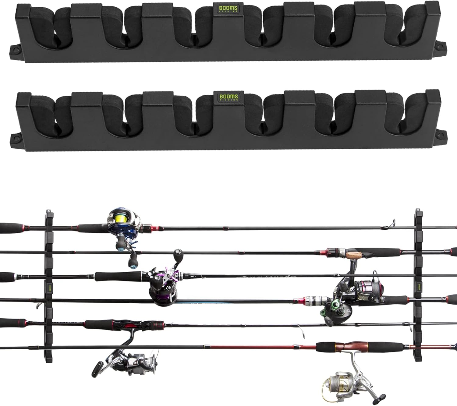 Booms Fishing WV5 Horizontal Fishing Rod Holders for Garage, Wall Mounted Fishing Rod Rack, Kayak Fishing Pole Holder and Rack, Store Up to 6 Rod and Reel Combo in 14.6″ Booms Fishing WV5 Horizontal Fishing Rod Holders for Garage, Wall Mounted Fishing Rod Rack, Kayak Fishing Pole Holder and Rack, Store Up to 6 Rod and Reel Combo in 14.6″
