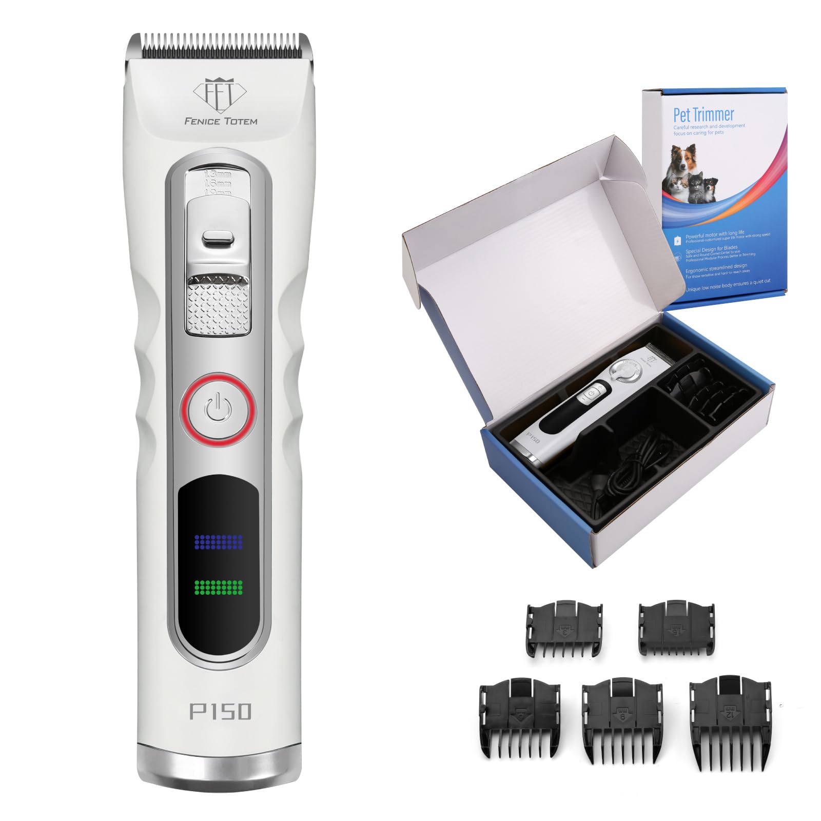 Tosatrice professionale per la toelettatura dei cani, senza fili, motore da 36 W, batteria 4000 mAh, lama 4 in 1, con 5 pettini guida (bianco)