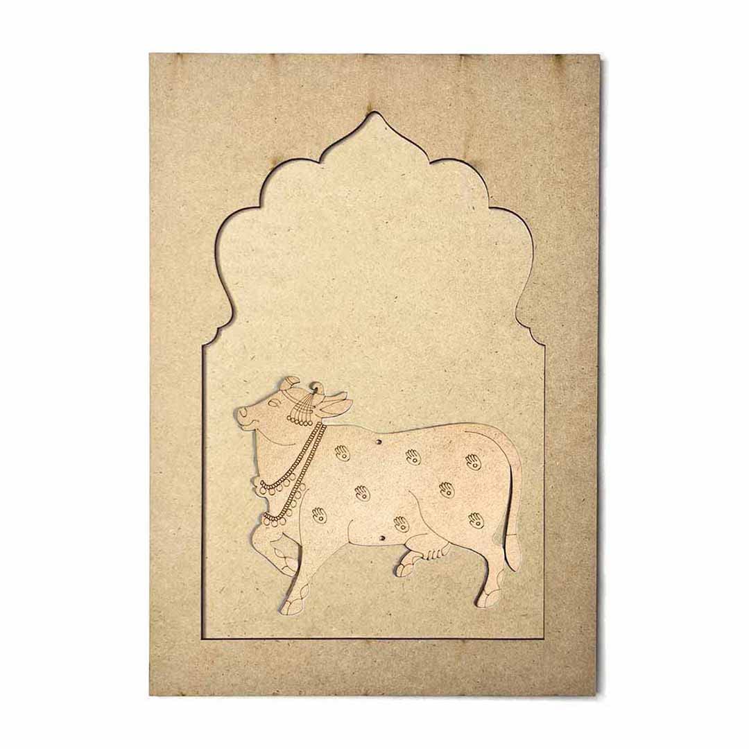 MDF Jharokha with Pichwai Cow Right Side Face MDF Engraved Design with Square Shaped Base DIY Craft-image-32