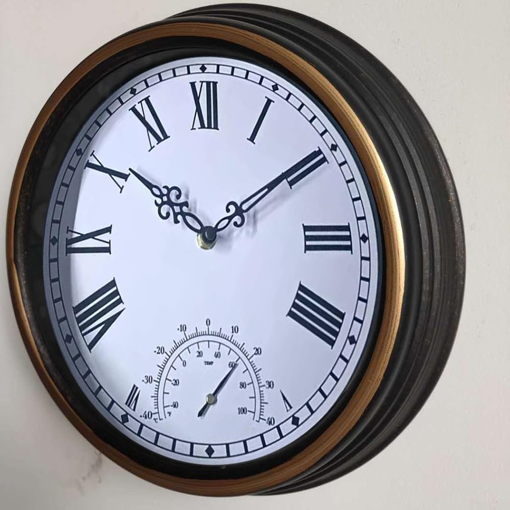 Grande orologio da esterno 30,5 cm impermeabile orologio da parete con termometro retrò giardino patio Decor silenzioso movimento al quarzo bronzo