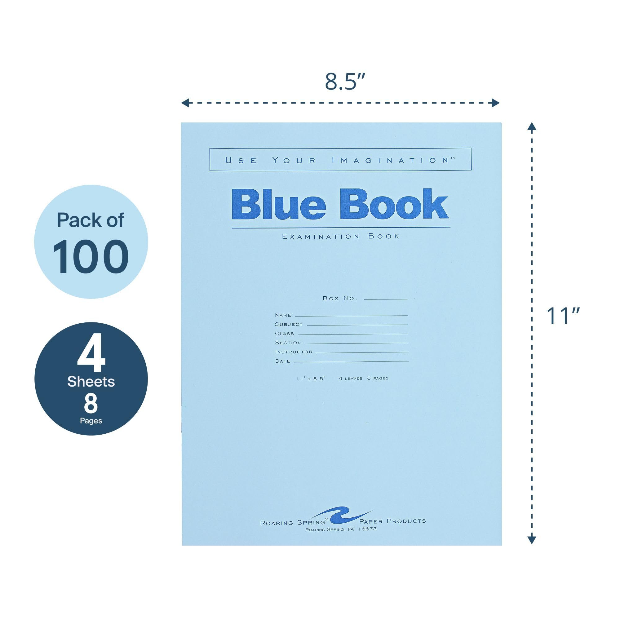 ROARING SPRING Test Blue Exam Book, 100 Stück, breit liniert mit Rand, 27,9 x 21,6 cm, 4 Blatt/8 Seiten, blauer Einband