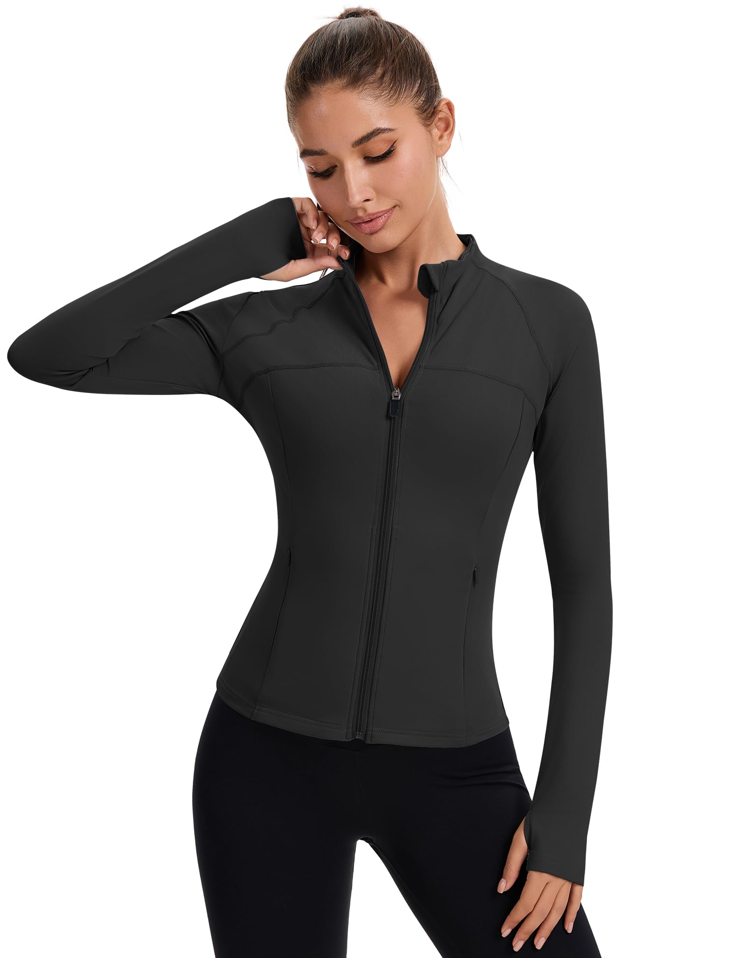 Chaqueta deportiva para mujer, chaqueta de manga larga, deportiva, camiseta de gimnasio, yoga, fitness, parte superior, ligera, con orificio para el pulgar y bolsillos