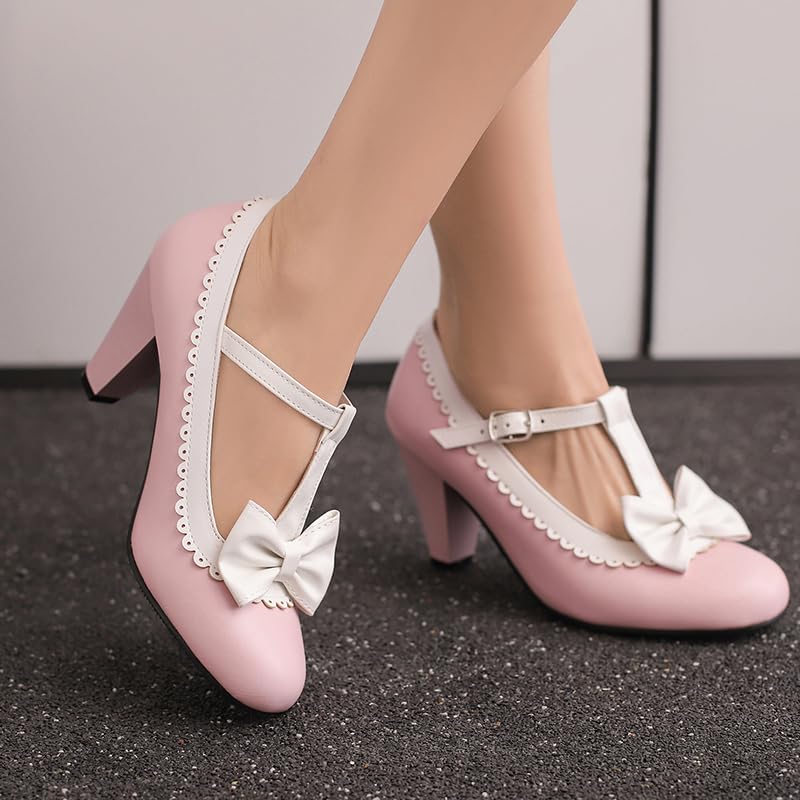 Image of Elbslutt Women's Cute Retro Rockabilly Shoes T Strap Mary Janes Heels Chunky Cosplay Shoes Sweet Block Heeled Bow Pumps