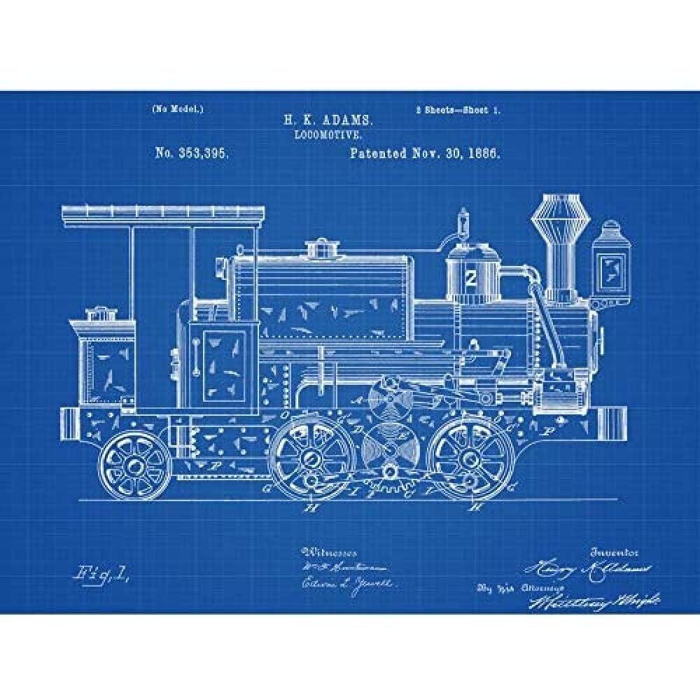 Póster de patente de tren Adams 1886, lámina decorativa vintage de pared para salón u oficina